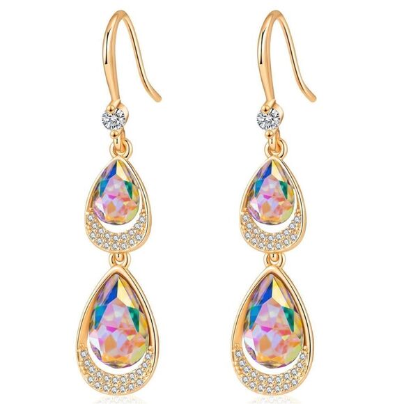 14K Yellow Gold with Iridescent AB Austrian Crystal Double Teardrop Earrings